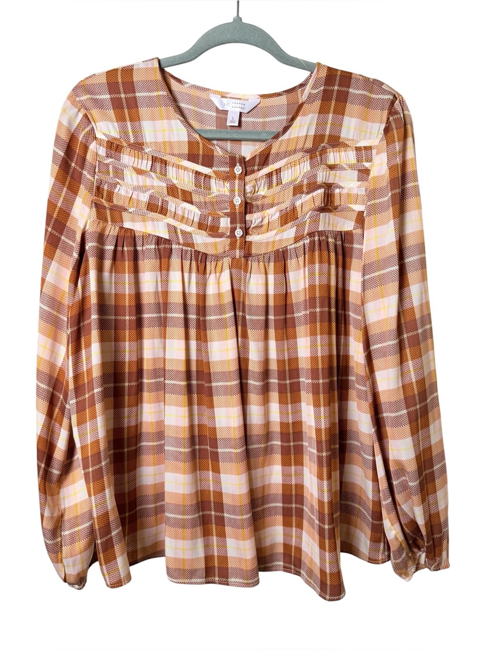 LC Lauren Conrad Large Brown and Cream Plaid Ruffle Yoke Blouse